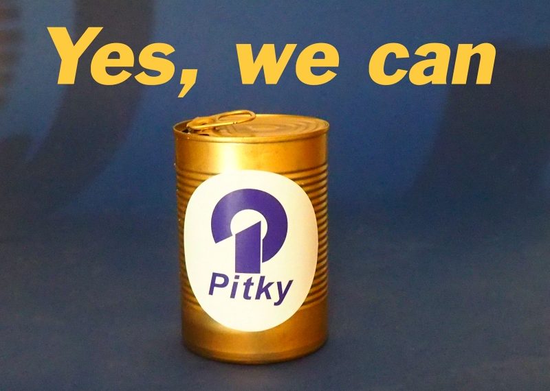 Pitky-logoinen tölkki ja teksti Yes, we can
