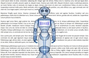 Kuvassa raulankana piirretty Pepper-robotti taustallaan lorem ipsum -teksti.